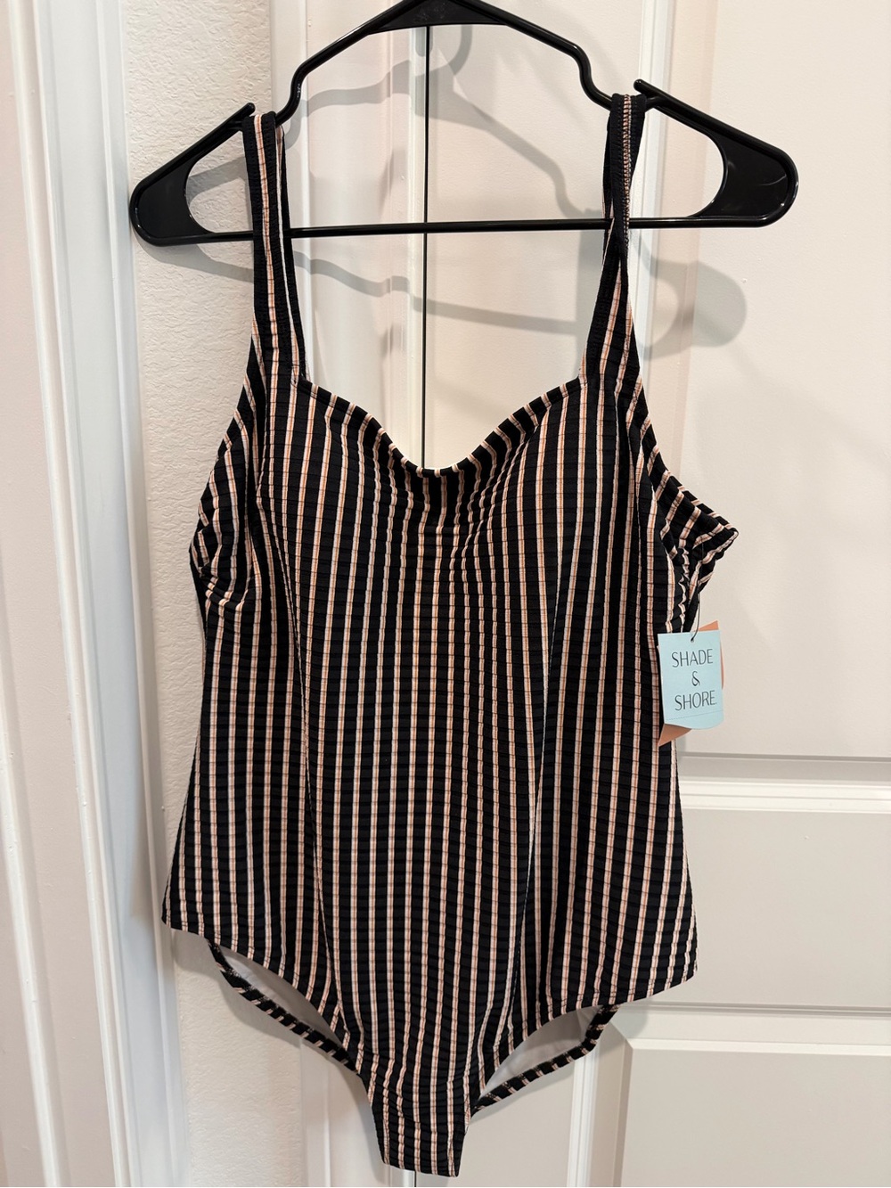 Shade & Shore Black and Beige Vertical Stripe One-Piece Swimsuit